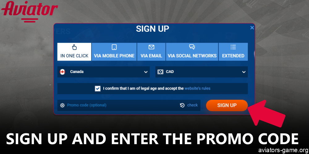 Sign up and enter the Aviator promo code