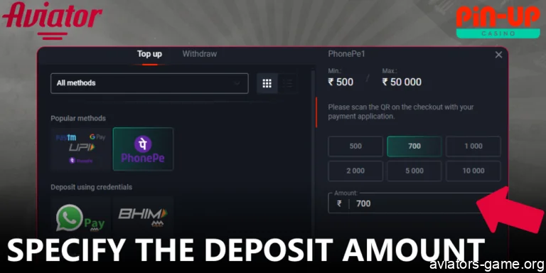 Specify the deposit amount to make an Aviator deoposit